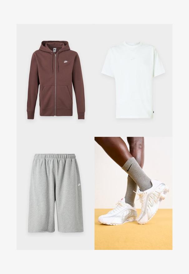 Brun Nike lynlås-hættetrøje med snøre ved hætten, front-kængurulomme og hvid Nike-logo på venstre bryst.; Hvid bomuld T-shirt med rund hals, korte ærmer og lille præget Nike-logo på brystet. Blød tekstur og afslappet pasform.; Grå bomuldsshorts med elastik i taljen, med løs pasform og et lille hvidt logo nær kanten. Glat tekstur, længde over knæet.; Nike sneakers i hvid med sølv accenter, der har teksturerede paneler og perforeringer. Sammen med grå ribbede sokker, sat mod en gul baggrund.