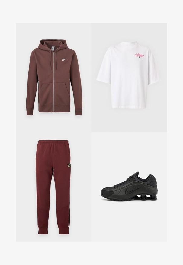 Bruine Nike zip-up hoodie met capuchon met trekkoord, voorzak en wit Nike-logo op de linkerborst.; Wit T-shirt met korte mouwen met een klein roze en rood "JORDAN"-logo en een zwarte Jumpman-silhouet op de linkerborst.; Bordeauxrode trainingsbroek met een hexagonaal Nike-logo, elastische tailleband, twee zijzakken en witte zijkanten. Geweven stof met een tapered leg ontwerp.; Zwarte hardloopschoenen met een glad bovenwerk van synthetisch materiaal, geperforeerde accenten, gestructureerde zijpanelen en een opvallende veerkrachtige zool.