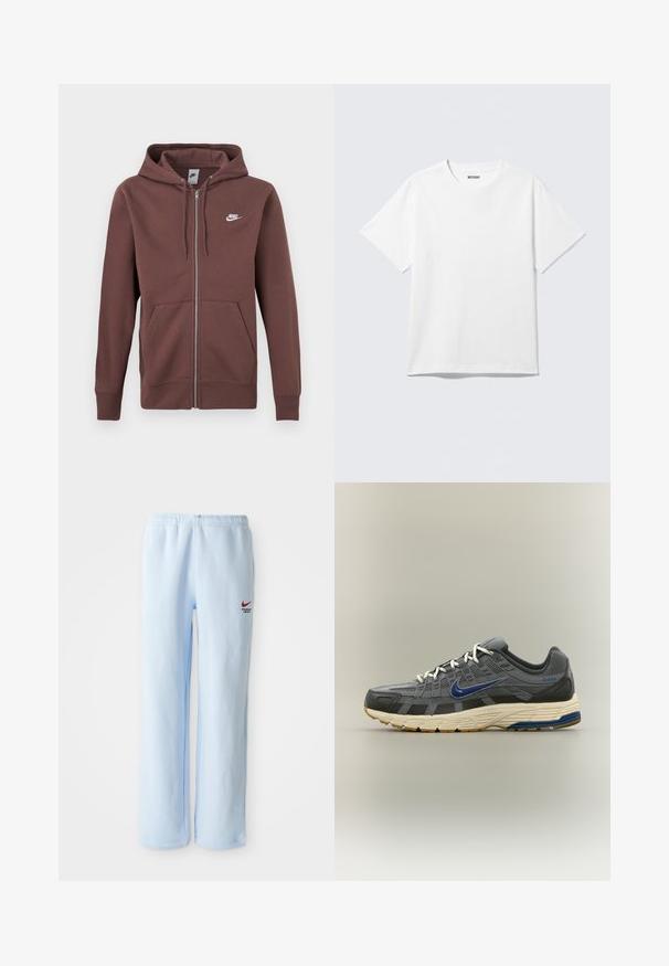 Ruskea Nike vetoketjullinen huppari, jossa on säädettävä huppu, edessä kengurun tasku ja valkoinen Nike-logo vasemmassa rinnassa.; Valkoinen lyhythihainen pyöreäkauluksinen t-paita tasaisena, yksinkertainen malli, jossa "WEEKDAY"-etiketti kauluksessa vaalealla taustalla.; Vaaleansiniset verkkarit, joissa on elastinen vyötärö, pieni punainen Nike-logo ja "Athletic Department" -teksti. Pehmeää puuvillamateriaalia.; Harmaa ja musta Nike-juoksukenkä, jossa on sininen swoosh-logo, valkoiset nauhat ja beige pohja, jossa sinisiä ja ruskeita kuvioita.