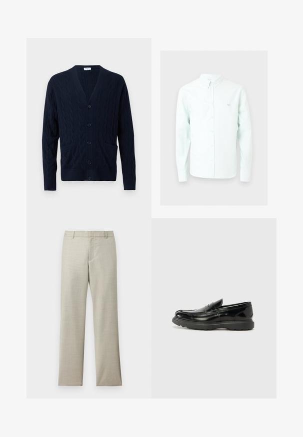 Cardigan en maille torsadée bleu marine avec col en V, boutons sur le devant, manches longues et deux poches avant.; Chemise bleu clair à manches longues avec col et petit logo renard brodé sur le côté gauche de la poitrine.; Pantalon droit couleur beige clair avec passants pour ceinture, fermeture éclair frontale et texture subtile sur fond blanc.; Mocassin en cuir noir avec une finition brillante, bout arrondi, détails de couture subtils et semelle en caoutchouc épaisse pour la durabilité.