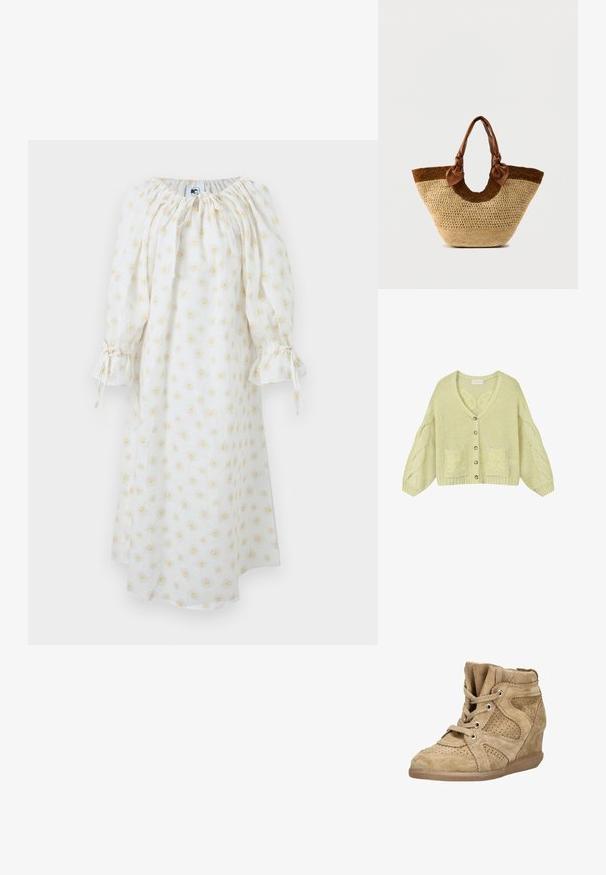 Cardigan en maille vert clair avec manches à motif torsadé, boutons à l'avant, deux poches avant et col en V.; Robe midi blanche à manches longues, col froncé, poignets à cordon et motif floral de marguerites jaunes.; Baskets compensées en daim beige avec détails perforés, fermeture à lacets sur le devant et bout rond. Elles disposent d'un col rembourré et d'une semelle en caoutchouc texturée.; Sac fourre-tout en paille tissée avec une base de couleur naturelle, un accent marron foncé, et des poignées en cuir marron ornées de détails en forme de nœuds aux extrémités.