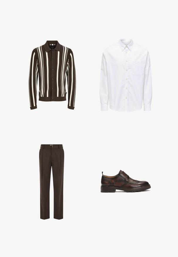 Cardigan rayé marron et blanc avec un col, fermeture à boutons, texture côtelée et poignets. Le tissu est en tricot et présente des rayures verticales.; Chemise blanche à manches longues avec boutons, col pointu et poche poitrine sur le côté gauche.; Pantalon marron foncé sur mesure avec plis à l'avant, passants de ceinture, fermeture par bouton et coupe droite.; Chaussure Oxford en cuir marron avec des détails en brogue, dotée d'un bout arrondi, d'un laçage et d'une semelle en caoutchouc pour une meilleure traction.