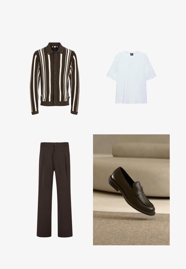 Cardigan rayé marron et blanc avec un col, fermeture à boutons, texture côtelée et poignets. Le tissu est en tricot et présente des rayures verticales.; T-shirt blanc uni oversize à manches courtes avec col rond et étiquette noire à l'intérieur du col sur fond blanc.; Pantalon droit marron foncé avec passants pour ceinture, fermeture par bouton et deux plis à l’avant.; Un seul mocassin en cuir brun foncé flottant au-dessus d’un tapis texturé beige, avec un canapé beige flou en arrière-plan.