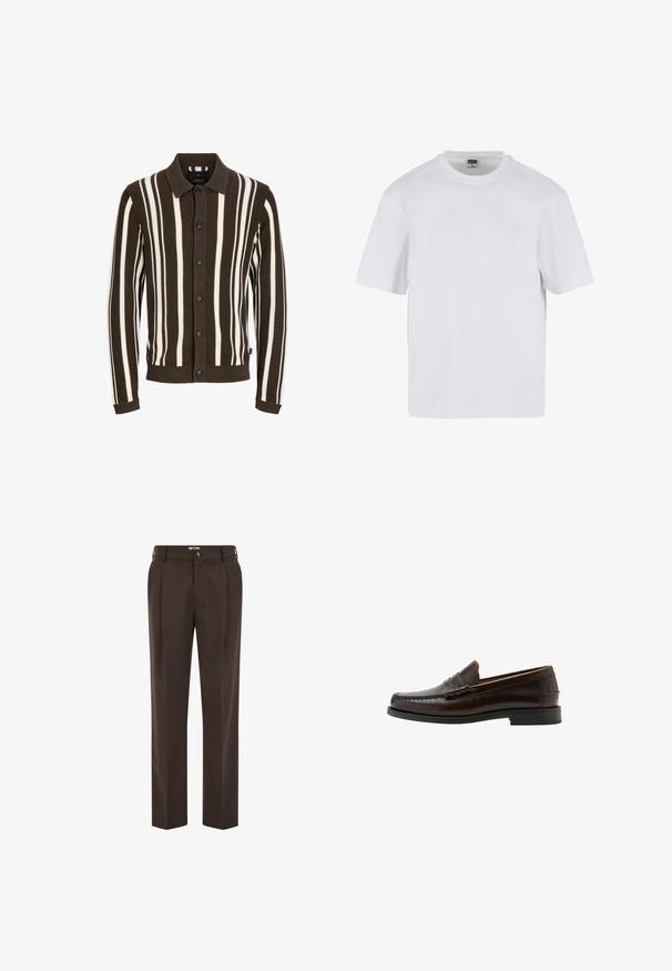 Cardigan rayé marron et blanc avec un col, fermeture à boutons, texture côtelée et poignets. Le tissu est en tricot et présente des rayures verticales.; T-shirt blanc à manches courtes en coton. Il présente un col rond et une coupe décontractée. Texture lisse, design minimaliste, sans motifs ni accents.; Pantalon marron foncé sur mesure avec plis à l'avant, passants de ceinture, fermeture par bouton et coupe droite.; Mocassin penny en cuir marron foncé avec bout moc cousu, talon bas et finition lisse, présenté de profil sur fond blanc.