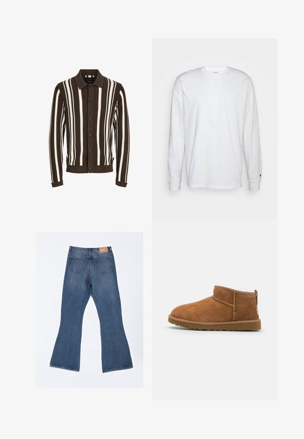 Cardigan rayé marron et blanc avec un col, fermeture à boutons, texture côtelée et poignets. Le tissu est en tricot et présente des rayures verticales.; T-shirt blanc à manches longues en coton. Design à col rond avec des poignets côtelés et un petit logo sur la manche gauche. Texture lisse.; Jeans évasés bleu en tissu denim, avec une taille haute, cinq poches et un ourlet brut en bas. Étiquette située à la taille.; Bottine en suède beige avec un bout rond, des détails de couture subtils et une semelle en caoutchouc texturée. Hauteur courte sans lacets.