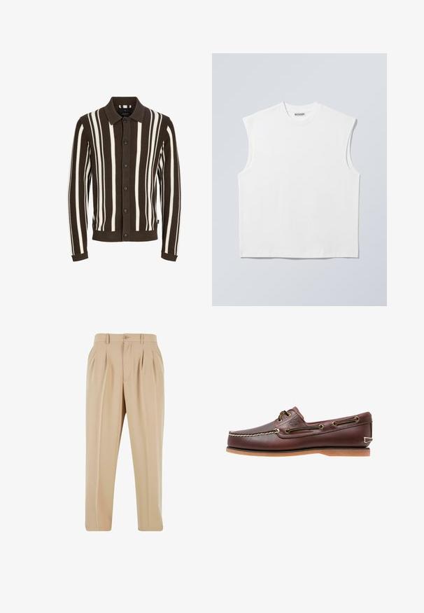 Brun og hvid stribet cardigan med krave, knaplukning, ribbet tekstur og manchetter. Stoffet er strikket og har lodrette striber.; Hvid ærmeløs bomulds top med rund hals og markerede skulderpartier, mærket "WEEKDAY" på halsmærket, vist på lys grå baggrund.; Beige plisserede bukser med lige ben-design, lavet af glat stof, med en knaplukning og løkker til bælte i taljen.; Brun læder bådsko med hvide sømme, snøre detaljer og lysbrun gummisål, vist fra siden på hvid baggrund.