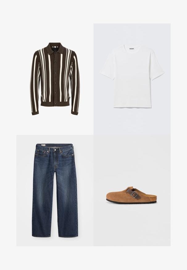 Bruine en witte gestreepte cardigan met een kraag, knoopsluiting, ribbeltextuur en manchetten. De stof is gebreid en heeft verticale strepen.; Effen witte T-shirt met korte mouwen en ronde hals, met een klein "WEEKDAY" label aan de binnenkant van de achterkraag, weergegeven op een vlakke ondergrond.; Donkerblauwe spijkerbroek met een rechte pijp, vijf zakken, metalen knoop en rits, en subtiele wassingpatronen.; Bruine suede klompen met een verstelbare bruine leren band en zilveren gesp, voorzien van een gevormde kurken voetbed en een gestructureerde rubberen zool.