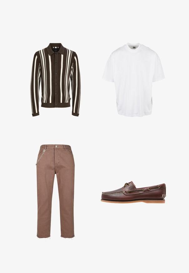 Brun og hvid stribet cardigan med krave, knaplukning, ribbet tekstur og manchetter. Stoffet er strikket og har lodrette striber.; Hvid bomulds T-shirt med en afslappet pasform, korte ærmer og rund halsudskæring, med en lige kant og ingen synlige grafikker eller mønstre.; Brune denimbukser med et lige ben-design, der har frynset kanter og en sølvkæde som accent, der er fastgjort til taljebåndet.; Brun læder bådsko med hvide sømme, snøre detaljer og lysbrun gummisål, vist fra siden på hvid baggrund.