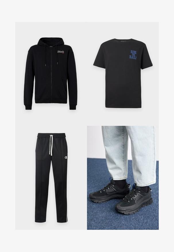 Sudadera con capucha negra con cremallera, cordones, bolsillos delanteros, puños y dobladillo acanalados. Presenta el logo "Schott NYC" en blanco con costuras rojas en el pecho.; Camiseta de algodón negra con mangas cortas que presenta texto azul "RIDE THE RAILS" en el área del pecho izquierdo. Cuello redondo y corte estándar.; Pantalones deportivos negros con cordón blanco, rayas laterales, bolsillos frontales y un pequeño logo blanco de Champion en el muslo izquierdo.; Zapatillas deportivas negras con tejido texturizado y suelas de goma, con cordones elásticos y un acento azul en el talón. Combinadas con pantalones de mezclilla claros.