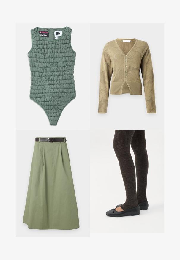 Cardigan en maille vert olive clair avec motifs en dentelle florale, col en V, manches longues, six petits boutons et ourlet côtelé.; Body vert sans manches avec texture matelassée, doté d'un col montant et d'un dos décolleté. Réalisé en matériau léger et résistant à l'eau.; Jupe longue vert olive clair avec des plis et une ceinture marron foncé à boucle argentée à la taille.; Jambes portant des leggings côtelés foncés associés à des ballerines noires avec de petits détails en nœud sur fond blanc.
