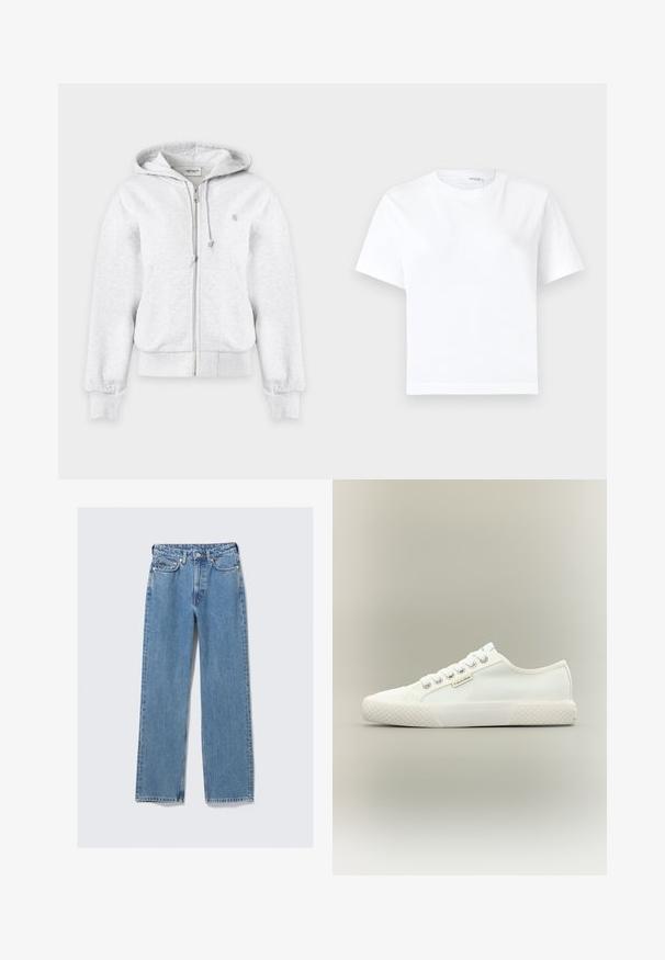 Sweat à capuche gris clair zippé avec cordon, poches avant, poignets et ourlet côtelés, et petit logo sur la poitrine.; T-shirt blanc uni en coton à manches courtes, col rond et ourlet droit, présenté sur fond blanc.; Jean en denim bleu à taille haute, coupe droite, avec bouton avant, fermeture éclair, passants pour ceinture et design à cinq poches sur un fond clair uni.; Baskets basses blanches en toile avec semelle en caoutchouc texturée, lacets blancs et petite étiquette Calvin Klein sur le côté.