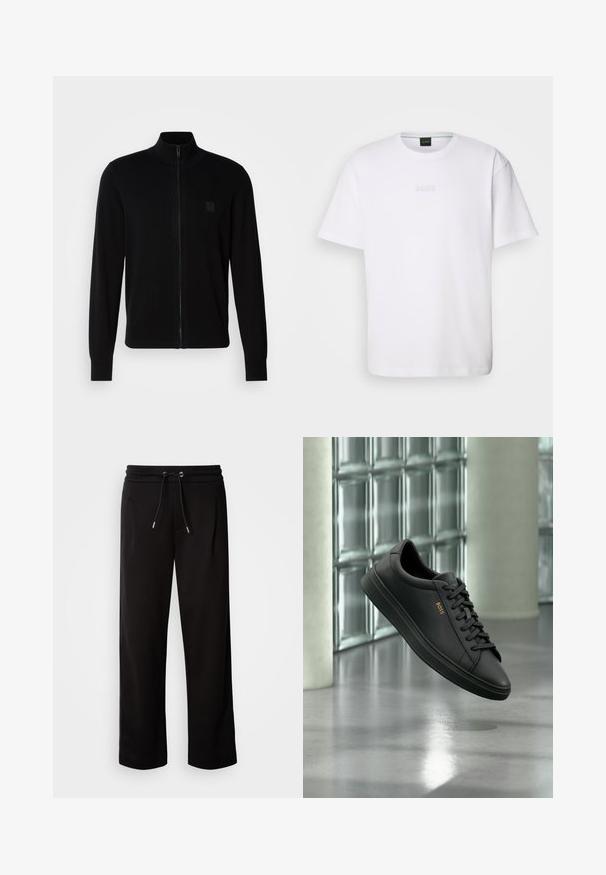 Sudadera negra con cremallera hecha de un suave tejido de punto, que presenta un cuello alzado, mangas largas y un discreto parche de logo texturizado en el pecho.; Camiseta de algodón blanca de manga corta, con escote redondo y logotipo grabado de "BOSS" en el pecho. Textura suave, ajuste estándar.; Pantalones de chándal negros, de corte holgado, confeccionados en tejido suave, con cinturilla elástica y cordón de ajuste, y bolsillos laterales.; Zapatilla baja de piel negra con cordones negros y logo dorado BOSS en el lateral, flotando sobre un suelo gris brillante en un espacio interior moderno.