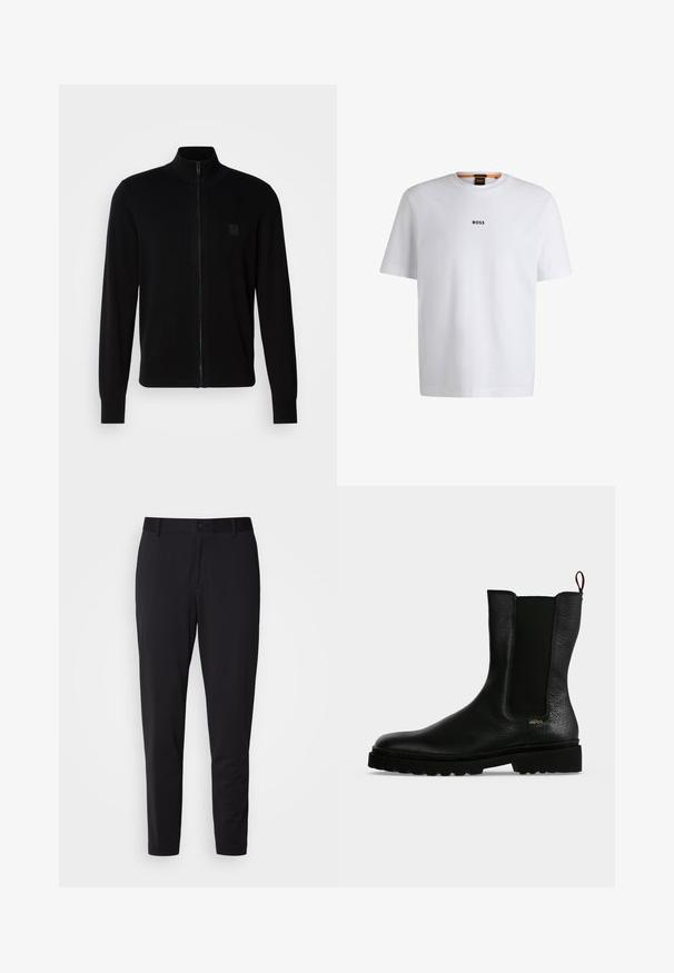 Sweatshirt noir zippé en tissu tricoté doux, avec un col montant, des manches longues et un discret patch logo texturé sur la poitrine.; T-shirt en coton blanc à manches courtes, avec un logo noir "BOSS" centré sur la poitrine et un design à col rond.; Pantalon noir en tissu texturé, avec une coupe droite, une taille standard avec un bouton et des poches latérales.; Bottine en cuir noir avec un panneau latéral élastique, une semelle épaisse et une languette à l’arrière, featuring un petit logo doré "Hugo" près du talon.