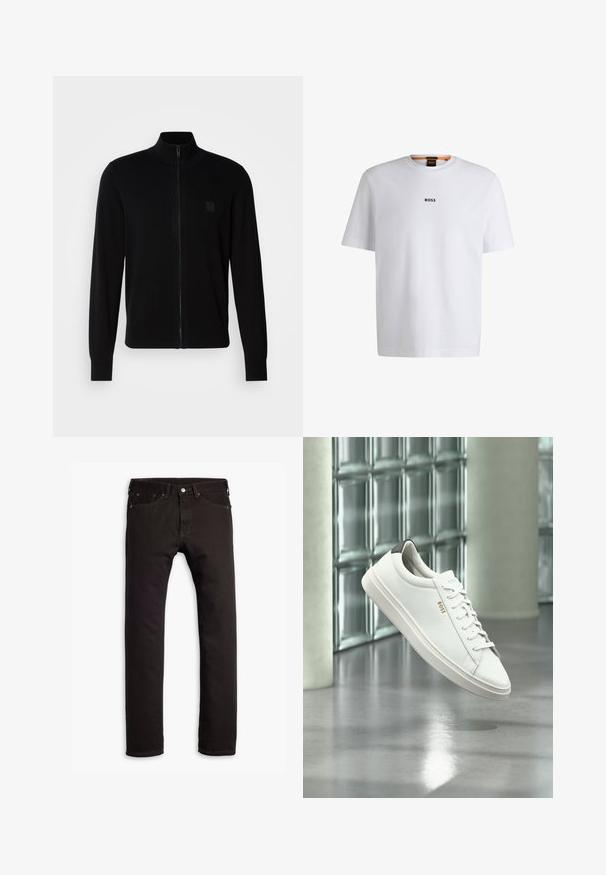 Zwarte ritstrui gemaakt van een zacht breisel, met een staande kraag, lange mouwen en een subtiele, textuur gevende logo patch op de borst.; Witte katoenen T-shirt met korte mouwen, voorzien van een zwart "BOSS"-logo in het midden van de borst en een ronde halsontwerp.; Zwarte slim-fit jeans met vijf zakken en knoopsluiting, plat weergegeven op een witte achtergrond.; Witte leren lage sneaker met veters, zwarte hielstrook en "BOSS"-logo, zwevend binnenshuis bij een glazen stenen muur en gepolijste vloer.