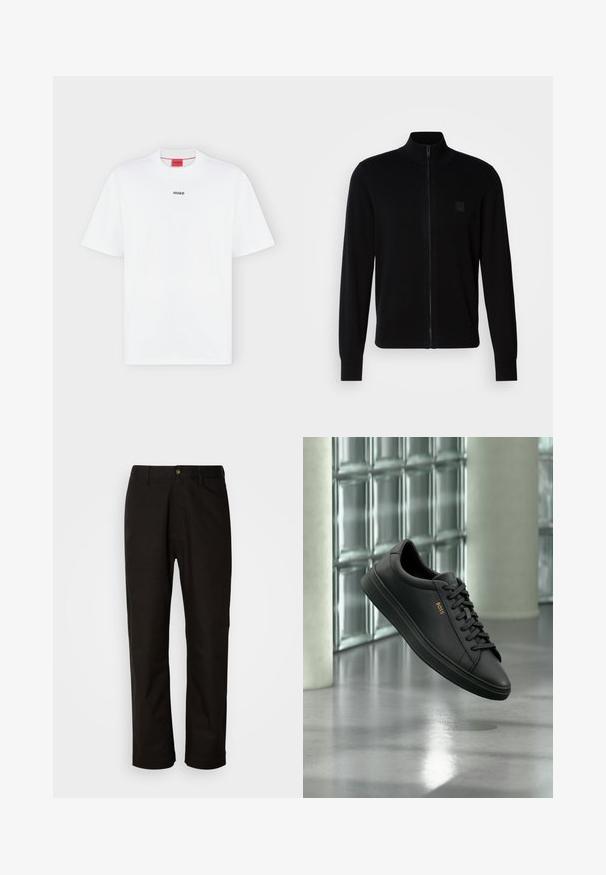 Schwarzer Reißverschluss-Pullover aus weichem Strickstoff, mit Stehkragen, langen Ärmeln und einem dezenten, strukturierten Logo-Patch auf der Brust.; Weißes T-Shirt mit kurzen Ärmeln und kleinem schwarzem "HUGO" Logo mittig auf der Brust und einem roten Etikett innen im Kragen.; Schwarze Baumwollhosen mit geradem Schnitt, Gürtelschlaufen, einem Reißverschluss vorne und einem einzelnen Knopfverschluss. Glatte Textur ohne sichtbare Muster.; Schwarzer flacher Ledersneaker mit schwarzen Schnürsenkeln und goldenem BOSS-Logo an der Seite, schwebend über einem glänzenden grauen Boden in einem modernen Innenraum.