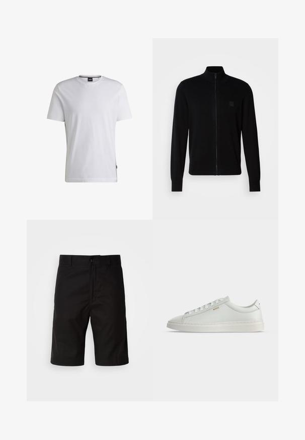 Sudadera negra con cremallera hecha de un suave tejido de punto, que presenta un cuello alzado, mangas largas y un discreto parche de logo texturizado en el pecho.; Camiseta blanca de manga corta hecha de algodón. Cuenta con un cuello redondo y una etiqueta de marca sutil en el lateral. Textura suave y diseño simple.; Pantalones cortos negros de tela sólida, con corte recto, cierre de botón y una textura suave sin patrones visibles.; Zapatilla blanca de cuero de corte bajo con cordones, suela plana y pequeño logo dorado "BOSS" en el lateral, vista desde el lado exterior.
