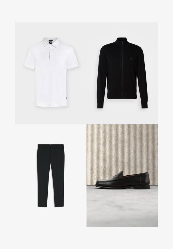 Zwarte ritstrui gemaakt van een zacht breisel, met een staande kraag, lange mouwen en een subtiele, textuur gevende logo patch op de borst.; Wit poloshirt met korte mouwen, kraag en drie knopen, met een subtiel "BOSS"-logo op de borst en een klein label aan de zijkant.; Strakke zwarte nette broek met riemlussen, zijzakken en gestreken plooien aan de voorkant, plat gelegd op een witte achtergrond.; Zwarte leren penny loafer met lage hak, afgeronde neus en gestikte details langs de voorkant en zijkanten, afgebeeld op een neutrale achtergrond.