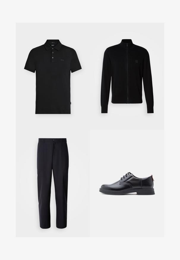 Sort lynlås-trøje lavet af et blødt strikstof med en opretstående krave, lange ærmer og et subtilt tekstureret logo-patch på brystet.; Sort slim-fit polo skjorte med tre knapper, korte ærmer og diskret "BOSS" logo på brystet og indersiden af kraven.; Mørk navy bukser lavet af glat stof, med en lige ben design, to sidelommer og en knaplukning i taljen.; Sorte snørestøvler i læder med glat tekstur, rundet tå og diskrete syningsdetaljer. Har en rød trækflig på hælen.