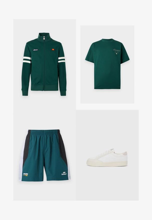 Veste zippée verte en polyester. Elle présente un col montant, des bandes blanches sur les manches et un logo brodé sur le côté gauche de la poitrine. Texture douce.; T-shirt vert foncé à manches courtes avec col rond, petit logo et motif blanc "ellesse Italia" sur le côté gauche de la poitrine.; Shorts de sport bleu sarcelle avec des panneaux latéraux noirs et blancs, ceinture élastique, logo « moto » sur la jambe gauche et logo « bareen » sur la jambe droite.; Baskets blanches avec une tige en toile texturée, des accents beiges lisses au niveau du talon, et une semelle en caoutchouc. Elles présentent un bout arrondi et un design à lacets.