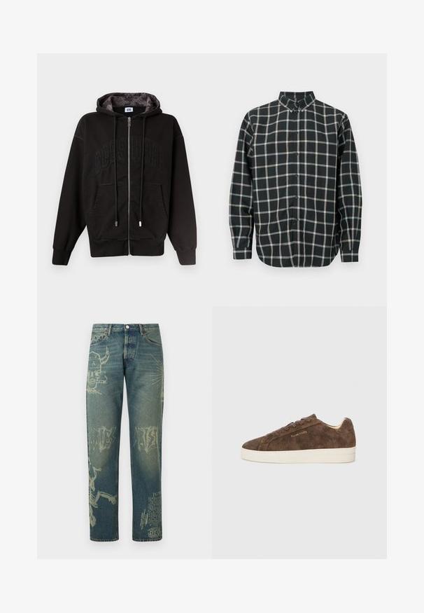 Sweat à capuche noir zippé avec poches avant, cordons de serrage et "GCDS" subtilement embossé sur la poitrine, doublure de capuche à motif à l'intérieur.; Chemise à carreaux noirs avec col boutonné, manches longues, et motif à grille multicolore. Fabriquée en tissu doux et texturé.; Jean en denim avec des imprimés graphiques délavés incluant un crâne cornu fumant, du texte abstrait et un squelette sur les jambes, vue de face.; Baskets en daim marron avec une silhouette basse, un bout arrondi et une semelle en caoutchouc blanc. Elles présentent des lacets foncés et un logo discret sur le côté.