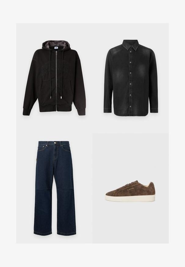 Schwarzer Kapuzenpullover mit Reißverschluss, Vordertaschen, Kordelzug und dezentem "GCDS"-Prägedruck auf der Brust, gemustertes Kapuzenfutter innen.; Schwarze Denim-Hemd mit Button-Down-Kragen, langen Ärmeln und einer vorderen Knopfleiste. Verfügt über dezente Verblassungen und eine taillierte Passform.; Dunkelblaue Denim-Jeans mit geraden Beinen, die ein klassisches Fünf-Taschen-Design, kontrastierende Nähte und ein kleines farbiges Etikett an der Seite aufweisen.; Braune Wildleder-Sneaker mit niedrigem Profil, abgerundeter Spitze und weißer Gummisohle. Ausgestattet mit dunklen Schnürsenkeln und dezentem Branding an der Seite.
