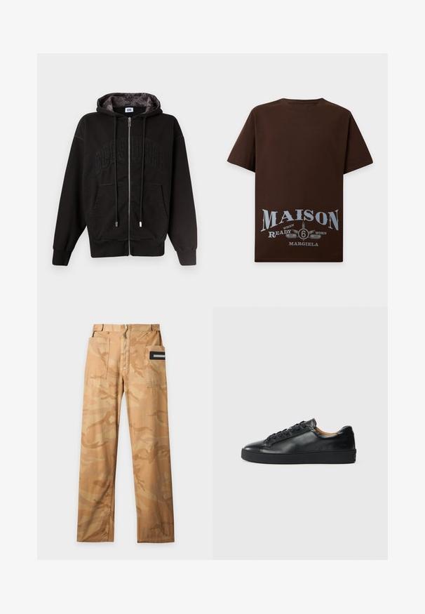 Sweat à capuche noir zippé avec poches avant, cordons de serrage et "GCDS" subtilement embossé sur la poitrine, doublure de capuche à motif à l'intérieur.; T-shirt marron à manches courtes avec un grand texte bleu clair "MAISON 6" et un texte plus petit "Ready Worn Margiela Est 1997" en bas sur le devant.; Pantalon cargo camouflage beige et sable avec deux grandes poches avant et une fermeture éclair à l'avant sur un fond uni.; Baskets en cuir noir avec une texture lisse, bout rond et fermeture à lacets. Comprend une semelle en caoutchouc épaisse et un minimum de détails de marque.