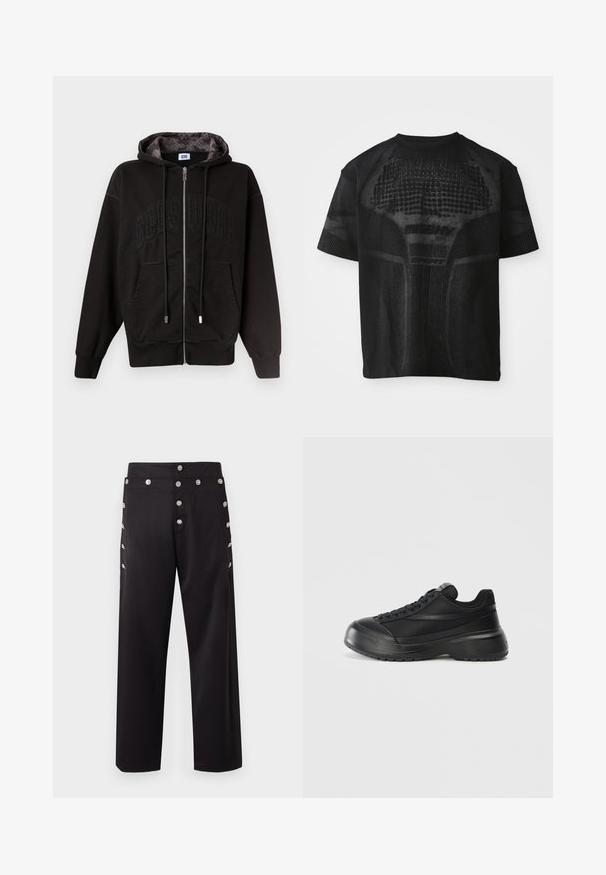 Schwarzer Kapuzenpullover mit Reißverschluss, Vordertaschen, Kordelzug und dezentem "GCDS"-Prägedruck auf der Brust, gemustertes Kapuzenfutter innen.; Schwarz, kurzärmliges Sport-T-Shirt mit strukturiertem Muster und dezentem "MISBHV SPORT"-Text auf der Vorderseite.; Schwarze Hose mit geradem Schnitt, aus glattem Stoff gefertigt. Mit silbernen Knöpfen an der Seite verziert für zusätzliche Details.; Schwarzer Sneaker mit glattem Lederfinish, runder Zehenform, strukturiertem Sohlen und Schnürdesign. Minimalistischer Stil mit dezenten Seitendetails.