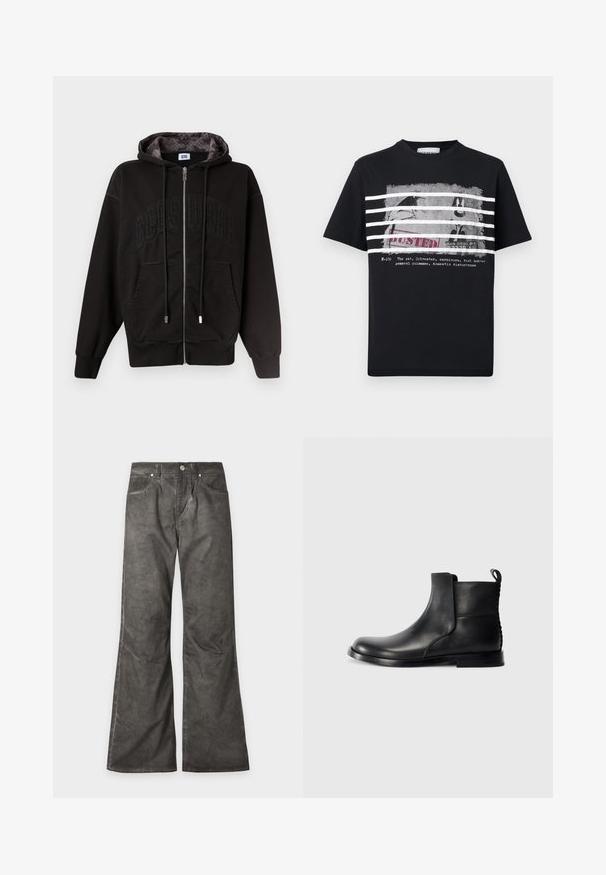 Sweat à capuche noir zippé avec poches avant, cordons de serrage et "GCDS" subtilement embossé sur la poitrine, doublure de capuche à motif à l'intérieur.; T-shirt noir avec des rayures blanches sur un graphisme en noir et blanc du personnage de dessin animé Sylvester derrière des barreaux, avec le mot « BUSTED » et un texte en dessous.; Pantalon gris foncé à jambes larges avec poches avant, fermeture par bouton et coutures visibles sur toute la surface.; Botte de cheville en cuir noir avec bout rond, panneaux latéraux élastiques et dos texturé. Elle dispose d'une semelle en caoutchouc plate et d'une languette de traction.