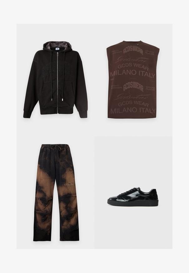 Sweat à capuche noir zippé avec poches avant, cordons de serrage et "GCDS" subtilement embossé sur la poitrine, doublure de capuche à motif à l'intérieur.; Haut marron sans manches avec un texte répété "GCDSWear", "GCDS Wear Milano Italy" et "Right Answer Wrong Places" en différentes polices.; Pantalon ample tie-dye noir et marron avec taille élastique et cordon, avec une texture gaufrée et jambes larges et droites.; Baskets en cuir verni noir avec un bout arrondi, un laçage, une semelle en caoutchouc texturé et une finition lisse.