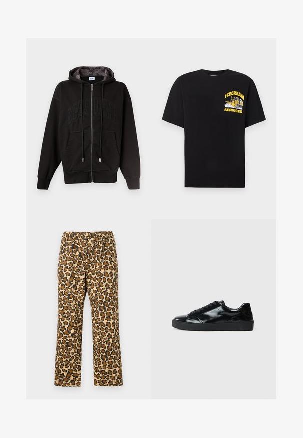 Sweat à capuche noir zippé avec poches avant, cordons de serrage et "GCDS" subtilement embossé sur la poitrine, doublure de capuche à motif à l'intérieur.; T-shirt noir avec un graphisme jaune représentant un camion de glace et le texte « ICECREAM SERVICES » sur le côté gauche de la poitrine.; Pantalons en imprimé léopard dans des teintes de beige, marron et noir. Dotés d'une taille élastique et d'un design décontracté à jambe droite. Tissu léger.; Baskets en cuir verni noir avec un bout arrondi, un laçage, une semelle en caoutchouc texturé et une finition lisse.
