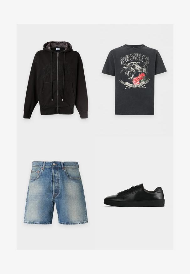 Sweat à capuche noir zippé avec poches avant, cordons de serrage et "GCDS" subtilement embossé sur la poitrine, doublure de capuche à motif à l'intérieur.; T-shirt noir avec une panthère rugissante, des fleurs rouges et le texte stylisé « KOOPLES » au-dessus et « WILD TOUR » en dessous du graphisme.; Shorts en denim avec une teinte bleu clair, un design classique à cinq poches, des surpiqûres contrastantes et une coupe droite avec un ourlet effiloché.; Basket basse en cuir noir avec lacets noirs et semelle épaisse noire, vue de profil sur fond gris clair.