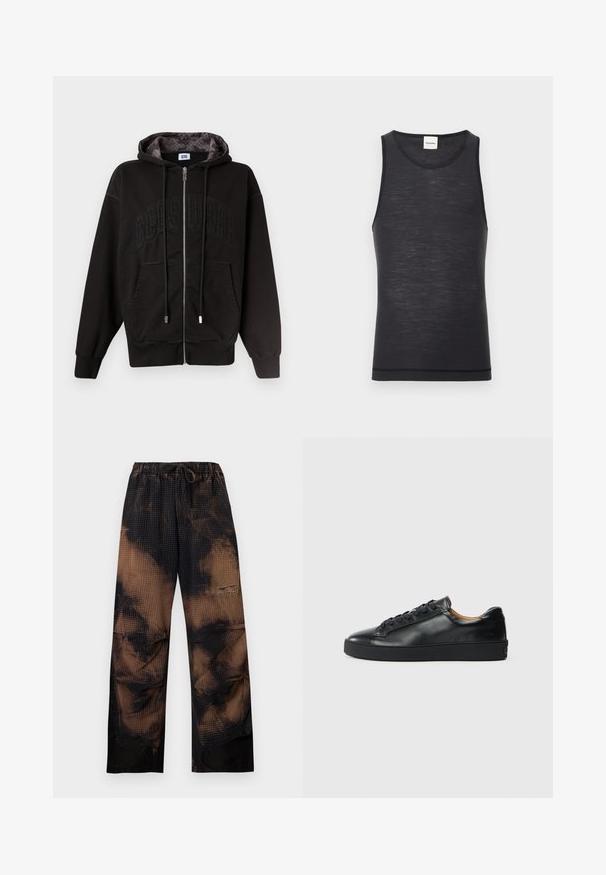 Sweat à capuche noir zippé avec poches avant, cordons de serrage et "GCDS" subtilement embossé sur la poitrine, doublure de capuche à motif à l'intérieur.; Débardeur noir sans manches en matériau léger, avec un col rond et une texture subtile, doté d'un détail d'ourlet contrasté.; Pantalon ample tie-dye noir et marron avec taille élastique et cordon, avec une texture gaufrée et jambes larges et droites.; Baskets en cuir noir avec une texture lisse, bout rond et fermeture à lacets. Comprend une semelle en caoutchouc épaisse et un minimum de détails de marque.