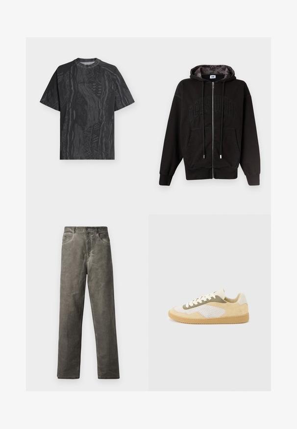 Sweat à capuche noir zippé avec poches avant, cordons de serrage et "GCDS" subtilement embossé sur la poitrine, doublure de capuche à motif à l'intérieur.; T-shirt noir à manches courtes avec col rond, motif abstrait gris foncé subtil et tissu texturé, présenté à plat sur un fond clair.; Pantalon gris à jambes droites en tissu de coton doux avec une texture lisse. Comprend des poches avant et une fermeture à bouton.; Baskets basses en daim beige, panneaux en maille blanche, accents olive, lacets blancs et semelle en caoutchouc naturel sur fond gris clair.