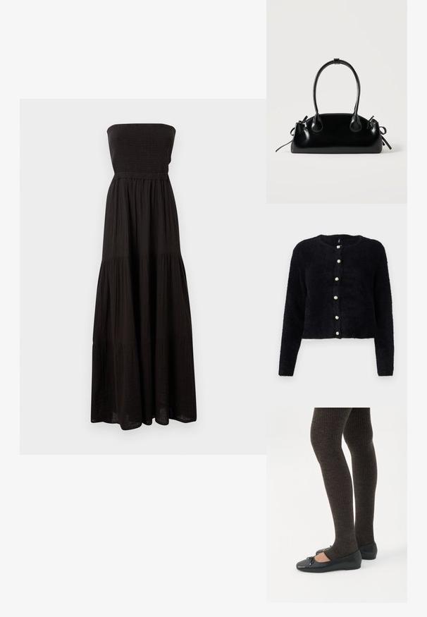Zwarte, fuzzy cardigan met een ronde halslijn en zes parelknopen aan de voorkant. Lange mouwen en een cropped ontwerp maken de look compleet.; Zwarte strapless maxi-jurk van getextureerde stof, met een smock-bodice en gelaagde roksecties, die een vloeiende silhouet biedt.; Benen met donkere geribbelde leggings gecombineerd met zwarte ballerina's met kleine strikdetails op een witte achtergrond.; Kleine zwarte glanzende handtas met twee lange hengsels en zijkant trekkoord details op een effen lichte achtergrond.