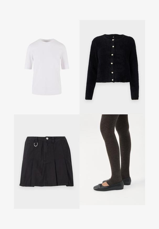 Cardigan negro y fuzzy que presenta un cuello redondo y seis botones de perla en la parte delantera. Las mangas largas y un diseño corto completan el look.; Camiseta blanca de mangas cortas hecha de algodón suave. Presenta un escote redondo y un corte recto, sin patrones ni adornos.; Falda negra plisada de algodón, con cierre de botones en la parte delantera, lazos para cinturón y un acento en forma de D en la cinturilla.; Piernas con leggings oscuros acanalados combinados con bailarinas negras que presentan pequeños detalles de lazo sobre un fondo blanco.
