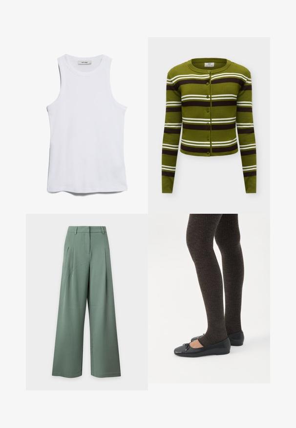 Cardigan vert avec des rayures horizontales marron foncé et blanches, encolure ronde et boutons à l'avant.; Débardeur blanc à côtes, avec un col rond et de larges emmanchures. Présente une texture lisse et un ourlet droit. L'étiquette indique "IVY OAK."; Pantalon taille haute à jambes larges en vert doux avec passants de ceinture, poches latérales et plis devant sur un fond clair.; Jambes portant des leggings côtelés foncés associés à des ballerines noires avec de petits détails en nœud sur fond blanc.