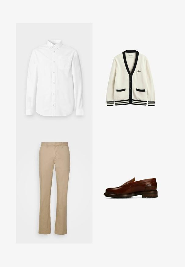Wit vest met knopen, zwarte bies, twee voorzakken, gestreepte manchetten en zoom, en ""Gant"" geborduurd op de borst.; Witte blouse met lange mouwen van katoen. Voorzien van een button-down kraag, voorzak en subtiele textuur. Rechte zoom met knoopsluitingen.; Beige rechte broek van katoenen stof met een platte voorkant en ceintuurlussen. Voorzien van een enkele knoopsluiting en omgeslagen manchetten.; Bruine leren loafer met een gladde afwerking, ronde neus, reliëfdetails op het bovenwerk en een gestructureerde rubberen zool voor grip.
