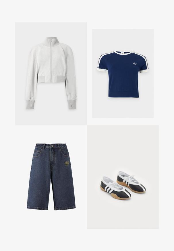 Lichtgrijze cropped zip-up sweater met geribde hoge kraag, geribde manchetten met duimgaten en geribde tailleband.; Marineblauw T-shirt met korte mouwen, wit biesje aan de kraag en mouwen, witte strepen op de schouders en een klein wit Adidas-logo op de borst.; Donkerblauwe denimshorts met een losse pasvorm, vijf zakken, gouden geborduurde tekst op de voorkant en contrasterende stiksels langs de naden.; Zwart-witte sport schoenen met een slank ontwerp, rubberen zool, vetersluiting en drie witte strepen aan de zijkanten.