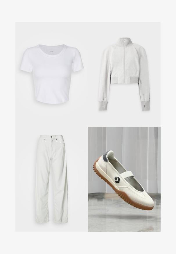 Hellgraues kurz geschnittenes Sweatshirt mit Reißverschluss, geripptem hohem Kragen, gerippten Bündchen mit Daumenlöchern und geripptem Bund.; Weißes, kurzärmeliges Cropped-Top aus glattem, synthetischem Material. Hat einen runden Halsausschnitt und ein Nike-Logo im Kragen.; Weiße Jeans mit weitem Bein aus Denim, ausgestattet mit einem Knopfverschluss und Fünf-Taschen-Design. Glatte Textur mit minimalen Nahtdetails.; Weißer Slipper mit brauner Gummisohle, schwarzem Stern- und Chevron-Logo an der Seite sowie schwarzem Fersenpatch, vor grauem Boden- und Vorhanghintergrund.