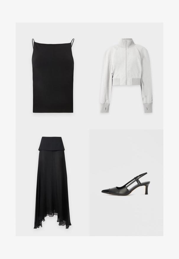 Sweat-shirt court gris clair à fermeture éclair avec col haut côtelé, poignets côtelés avec trous pour les pouces, et taille côtelée.; Débardeur noir côtelé avec fines bretelles spaghetti et encolure droite, présenté sur un fond blanc uni.; Jupe longue taille haute noire avec une ceinture superposée et un ourlet asymétrique en tulle transparent avec de douces volants.; Chaussure à bride arrière en cuir noir avec bout pointu, dotée d'un accent brillant sur le bout et d'un talon de hauteur moyenne. Design latéral ouvert.