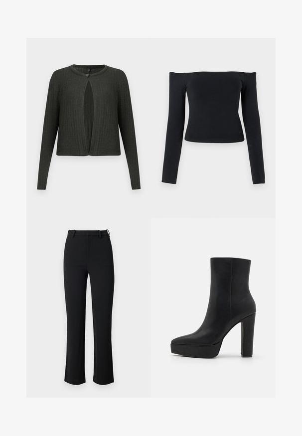 Mørkegrå strikket cardigan med ribbet tekstur, lange ærmer og åben frontdesign med en enkelt knaplukning ved nakken.; Sort, off-shoulder langærmet top lavet af strækbart, ensfarvet stof med en tætsiddende silhuet og lige kant. Ingen mønstre eller accenter.; Sorte bukser lavet af et glat, strækbart stof, med en tætsiddende talje, bæltesløjfer og let flared ben med sideslids.; Sort ankelstøvle lavet af tekstureret læder med en spids snude, en chunky plateau og en høj blokhæl. Glat overflade, minimal detaljering.