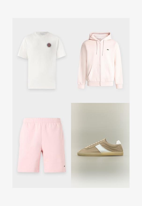 Sudadera con capucha rosa claro con cremallera, bolsillos delanteros, capucha con cordones, puños acanalados y un pequeño logo de cocodrilo verde en el pecho.; Camiseta de algodón blanca con mangas cortas, que presenta un logo circular en azul y naranja de "Tennis Heritage" en el lado izquierdo del pecho.; Pantalones cortos de cintura elástica rosa con bolsillos laterales y un pequeño logo de cocodrilo bordado cerca del dobladillo en la pierna derecha.; Deportiva de ante marrón claro con suela beige, lengüeta trasera blanca, raya lateral blanca y cierre de cordones sobre fondo neutro.