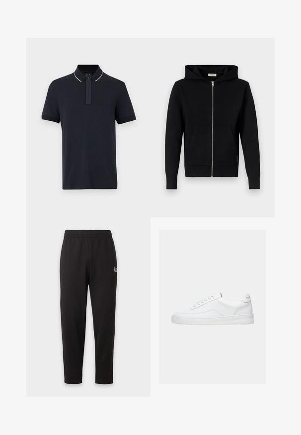 Sweat à capuche noir zippé avec poches avant et manches longues, présenté sur un fond blanc.; Polo bleu marine à manches courtes avec bordure de col blanche et patte de boutonnage dissimulée, présenté sur un fond neutre.; Pantalon de survêtement noir à taille élastique, jambes fuselées, avec un petit logo blanc sur la partie supérieure de la cuisse gauche.; Baskets basses blanches avec un design à lacets, dessus en cuir lisse et semelle épaisse, montrées de profil sur un fond uni.