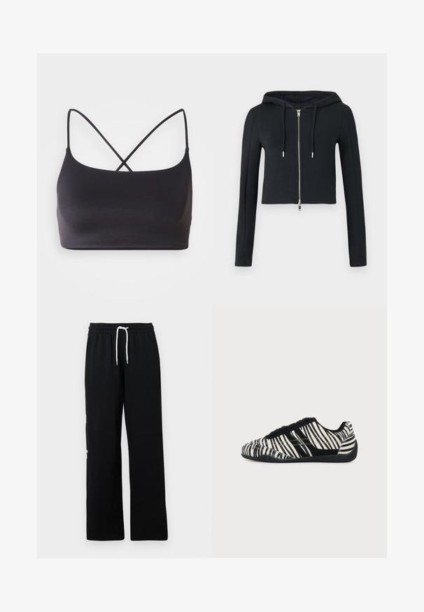 Sort cropped hættetrøje med lange ærmer, fuld lynlås foran og snøre i hætten på en lys baggrund.; Sort bralette med en glat overflade, der har tynde stropper, som krydser hinanden på ryggen for et minimalistisk design.; Sorte joggingbukser lavet af blød bomuld, med en elastisk talje og en hvid snor samt en løs pasform. Ingen bemærkelsesværdige mønstre eller detaljer.; Sort-hvid snørebåndssneaker med zebra-stribemønster og tekstureret sort sål på en ensartet lys baggrund.