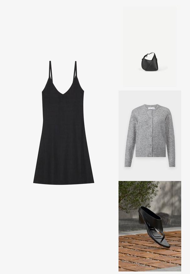 Grijze wollen cardigan met knopen, geribbelde manchetten en zoom. Ronde halslijn, zachte textuur, slimfit ontwerp. Geen zichtbare patronen of accenten.; Zwarte geribbelde slipdress met een V-hals en dunne verstelbare bandjes. Heeft een relaxed fit, valt boven de knieën en heeft een minimalistisch ontwerp.; Zwarte sandaal met hoge hak en teenslipperbandje, zwevend boven een patroon van houten en grind buitenoppervlak met vage begroeiing en een muur op de achtergrond.; Zwarte lederen schoudertas met een afgeronde driehoekige vorm en verstelbare riem op een effen lichte achtergrond.