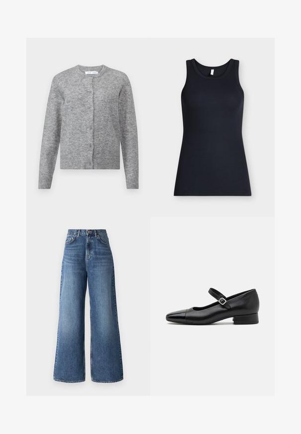 Grauer Wollcardigan mit Knöpfen, gerippten Bündchen und Saum. Rundhals, weiche Textur, taillierte Passform. Keine sichtbaren Muster oder Akzente.; Schwarzes ärmelloses, geripptes Tanktop mit rundem Ausschnitt, flach auf hellem Hintergrund dargestellt.; Hochtaillierte, lässige Jeans aus hellblauem Denim mit einem klassischen Fünf-Taschen-Design und dezentem Verblassen entlang der Beine.; Schwarze Leder-Mary-Jane-Schuhe mit einer patentierten Zehenkappe, verstellbarem Knöchelriemen und niedrigem Blockabsatz. Glatte Textur und elegantes Design.