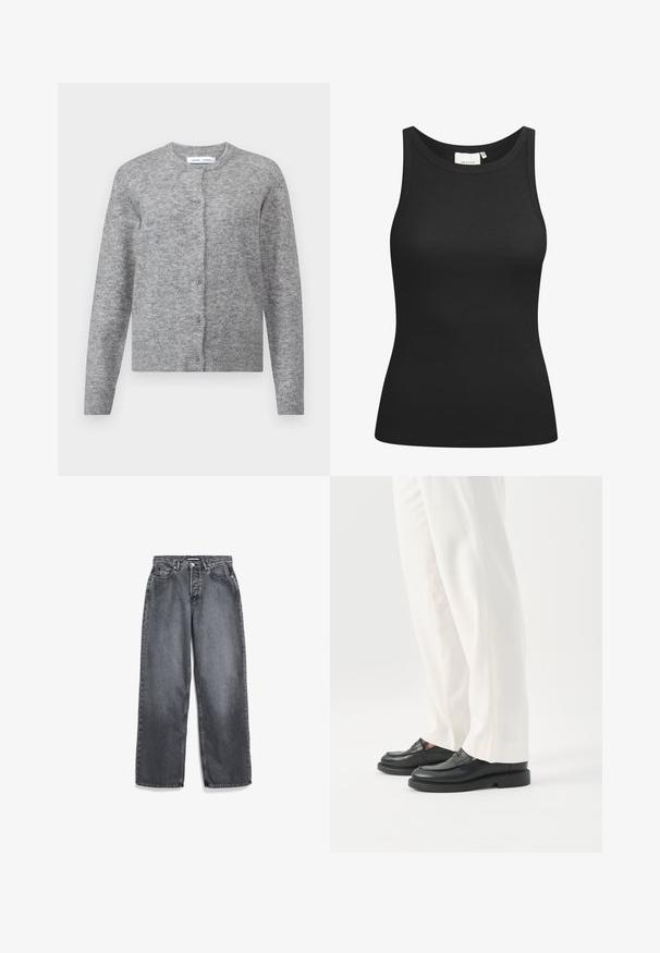 Grijze wollen cardigan met knopen, geribbelde manchetten en zoom. Ronde halslijn, zachte textuur, slimfit ontwerp. Geen zichtbare patronen of accenten.; Zwarte tanktop van ribstof, met een ronde hals en een aansluitende pasvorm. Platte naden en zonder versieringen. Eenvoudig en strak ontwerp.; Donkergrijze rechte jeans met voorzakken, riemlussen, knoop en ritssluiting.; Persoon draagt witte op maat gemaakte broek en zwarte leren loafers, staand op een witte achtergrond.