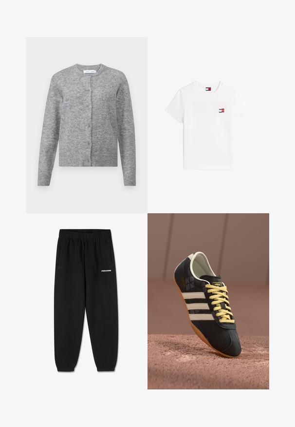 Grå uldcardigan med knapper, ribbede manchetter og kant. Rund halsudskæring, blød tekstur, tætsiddende design. Ingen synlige mønstre eller accenter.; Hvid t-shirt med korte ærmer og rund hals, med et lille rektangulært logopatch med røde, hvide og blå striber på venstre bryst og krave.; Sorte sweatpants lavet af blødt stof, med snoretræk i taljen, tætsiddende ben og sidelommer. "PEGADOR" logo i hvid på fronten.; Sorte atletiske sko med tre hvide striber, gule snørebånd og en struktureret overflade. Har et buet design og gummisål.