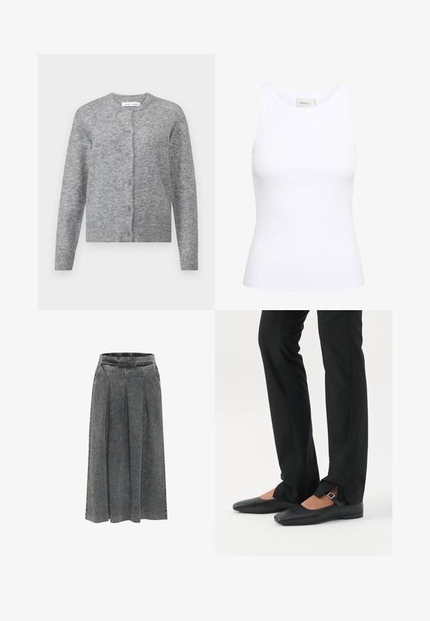 Grijze wollen cardigan met knopen, geribbelde manchetten en zoom. Ronde halslijn, zachte textuur, slimfit ontwerp. Geen zichtbare patronen of accenten.; Witte geribde tanktop met een ronde halslijn en zonder mouwen. Rekbaar materiaal en een aansluitend ontwerp. Het label op de achterkant zegt "GESTUZ."; Grijze spijkerrok met plooien, elastische tailleband, knielengte en een gestructureerd oppervlak. Eenvoudig ontwerp zonder zichtbare patronen of versieringen.; Benen met zwarte smalle broek met voorsplitten aan de zoom, gecombineerd met zwarte platte Mary Jane-schoenen met een klein gespje.
