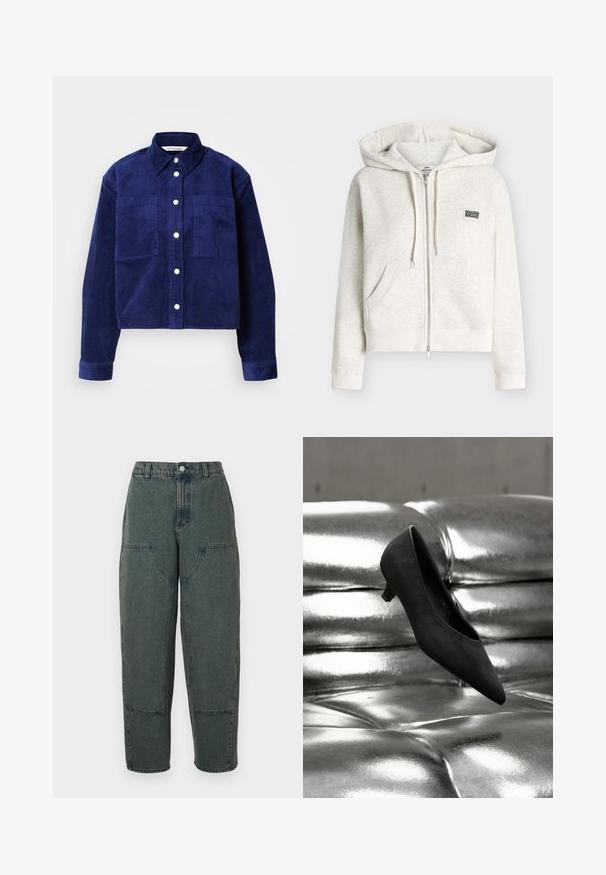 Sudadera con capucha beige claro con cremallera, bolsillos delanteros, capucha con cordón, puños y bajo acanalados, y un pequeño logo cuadrado en el pecho izquierdo.; Camisa chaqueta de pana azul marino con dos bolsillos frontales, cierre de botones en el frente, cuello y mangas largas con puños de botón.; Pantalones de mezclilla en azul oscuro con un ajuste relajado, que cuentan con bolsillos laterales y costuras en contraste. La tela tiene una textura ligeramente desgastada.; Zapato negro de tacón bajo tipo kitten heel con punta puntiaguda flotando sobre un sofá de cuero acolchado metálico y brillante.